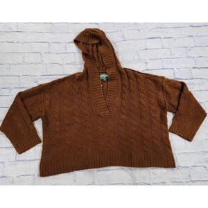 American Eagle Cable Knit Crop Hoodie WOMENS XL Sweater Brown V Neck Fisherman